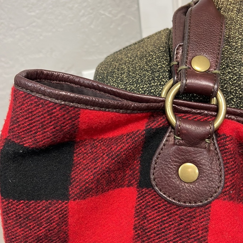 Lucky Brand Buffalo Plaid Red Black Wool Cotton Leather Large Tote Shoulder Bag View 6